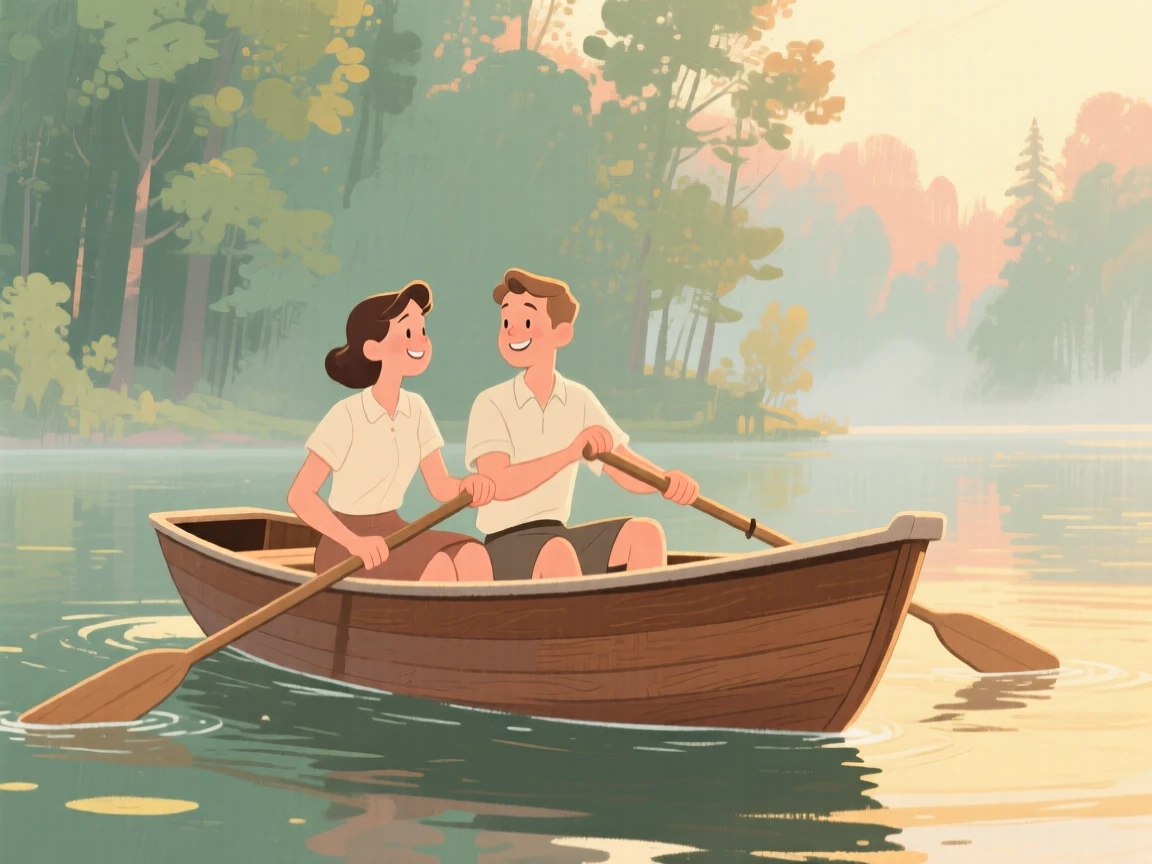 Friends rowing a wooden boat across a calm forest lake