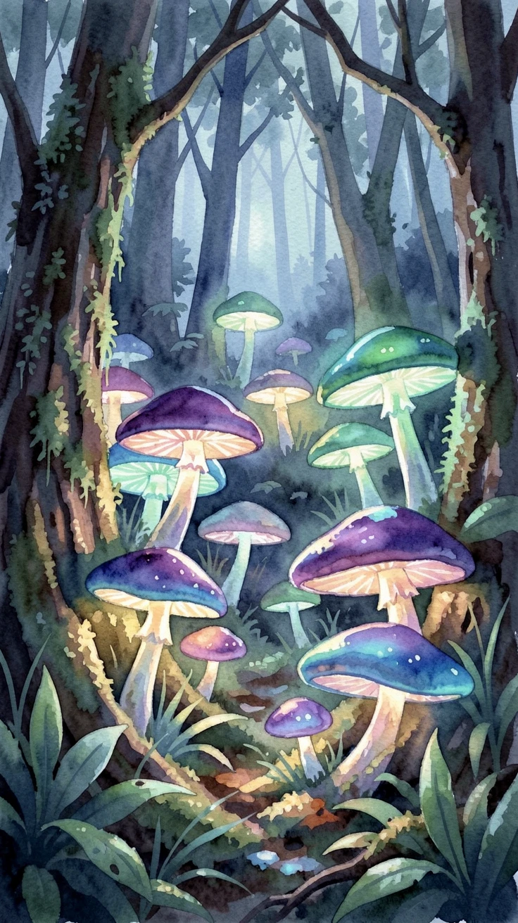 A glowing forest of bioluminescent mushrooms.