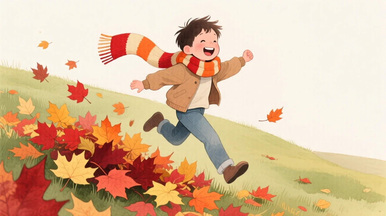 A boy with a striped scarf jumps through piles of autumn leaves on a grassy hillside, laughter and joy filling the warm afternoon air