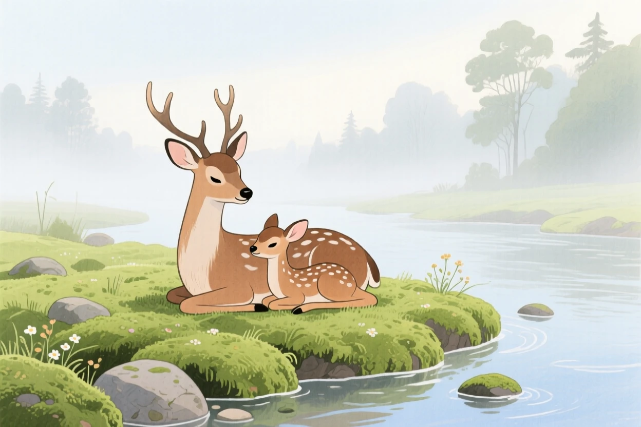 A gentle deer and her fawn resting peacefully in a mossy riverbank on a foggy morning.