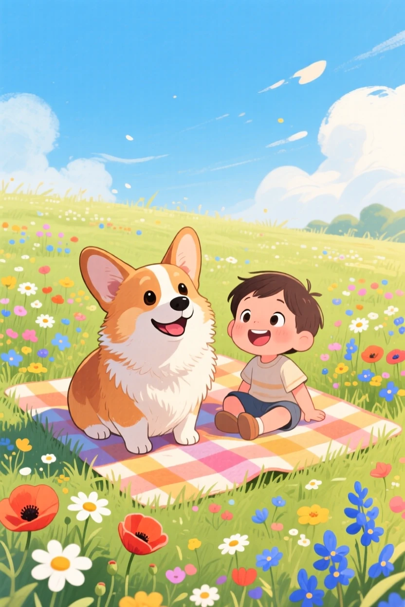 A playful corgi sharing a picnic blanket with a child, set in a meadow bursting with wildflowers under a blue sky, filled with wide-eyed wonder.