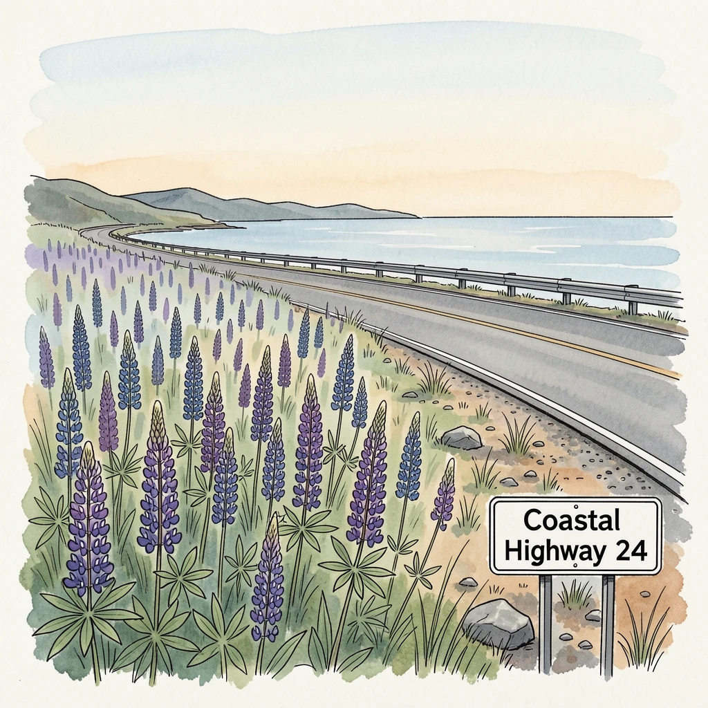 A field of wild lupine stretching along a coastal highway, the air still and cool with the promise of a new day.
