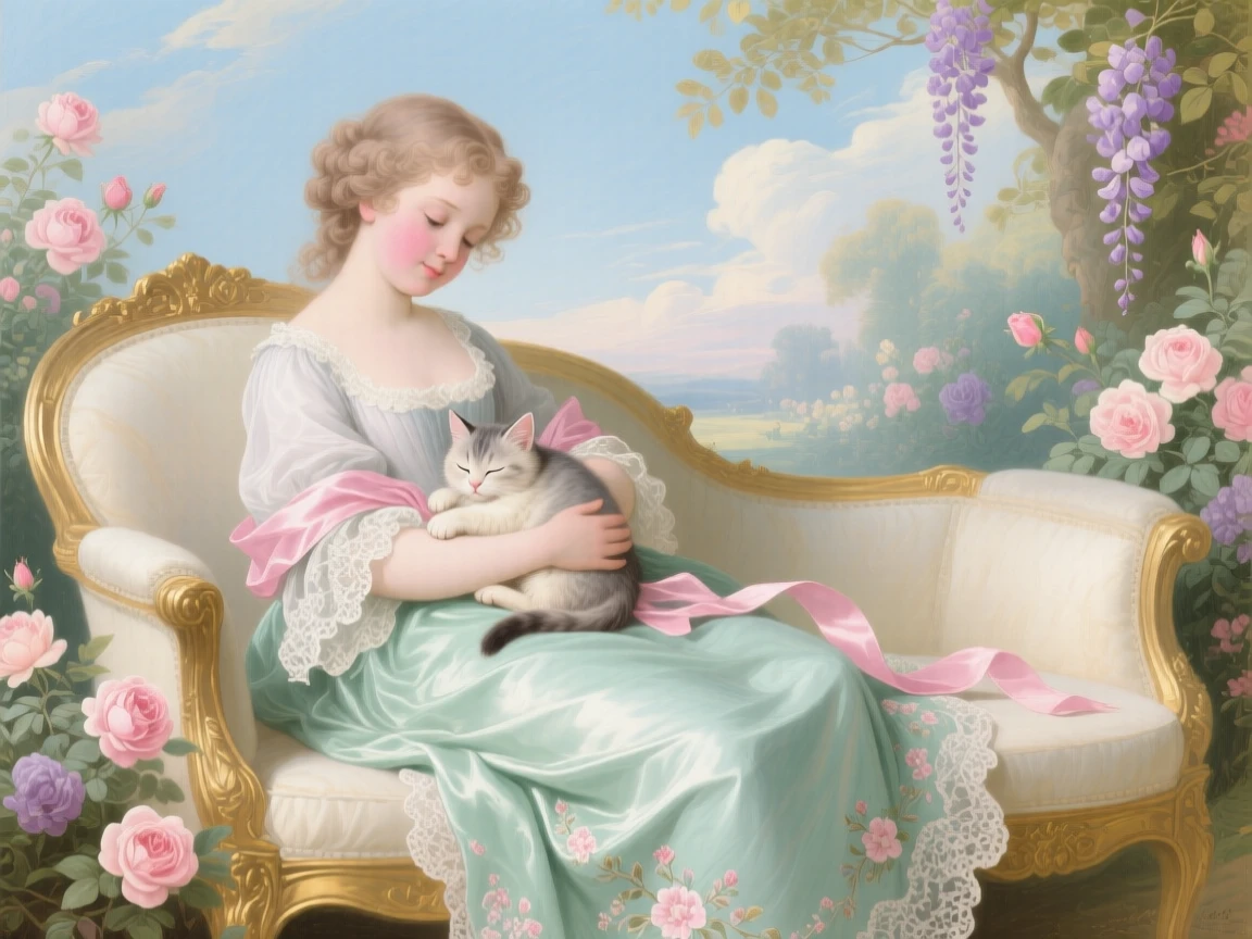 A young girl cradling a sleepy kitten wrapped in ribbon  