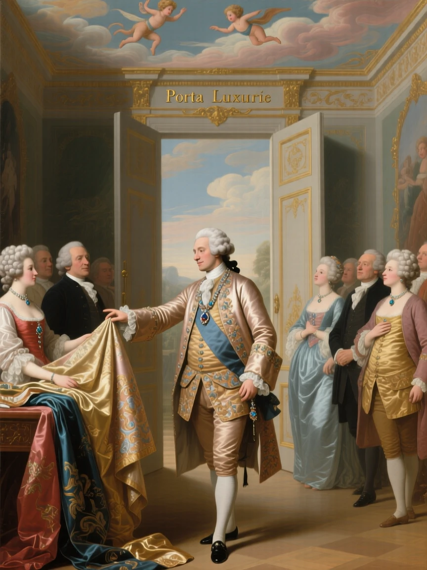 A merchant prince displaying imported silks to admiring guests just before the grand doors are thrown open, set beneath a painted ceiling depicting cherubs and clouds, with silk gowns, powdered wigs, and glittering jewels catching the light; converging sightlines from the guests draw attention to the central gesture, suggesting both splendor and the fleeting nature of such moments.