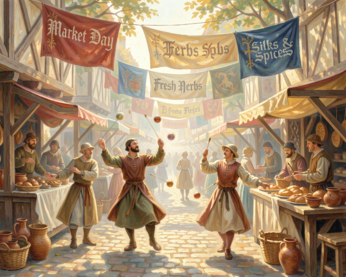A bustling medieval marketplace with jugglers, merchants, and banners fluttering above timbered stalls.