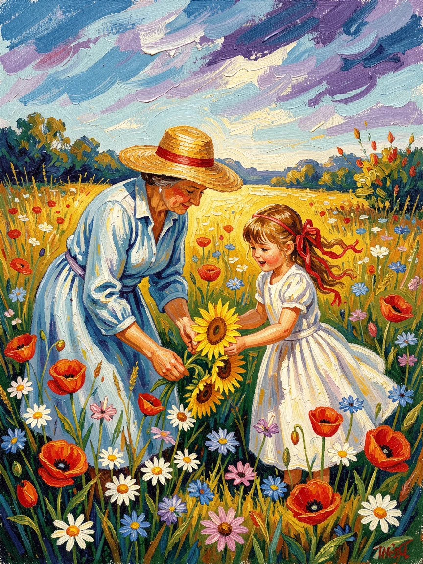 A grandmother and granddaughter picking wildflowers together in a sun-drenched meadow.