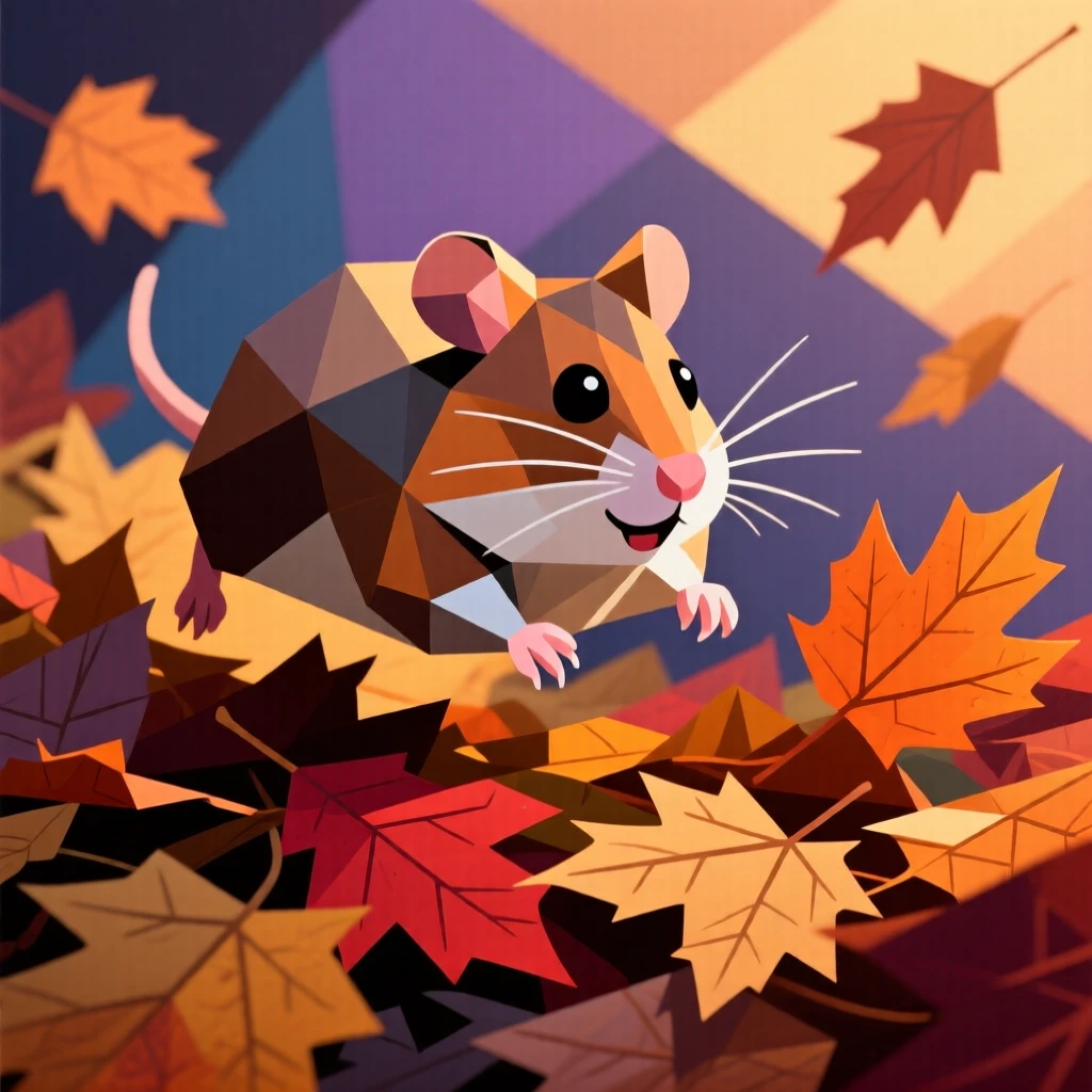 A charming portrait of a tiny hamster bounding through a pile of autumn leaves, in the warm evening light.
