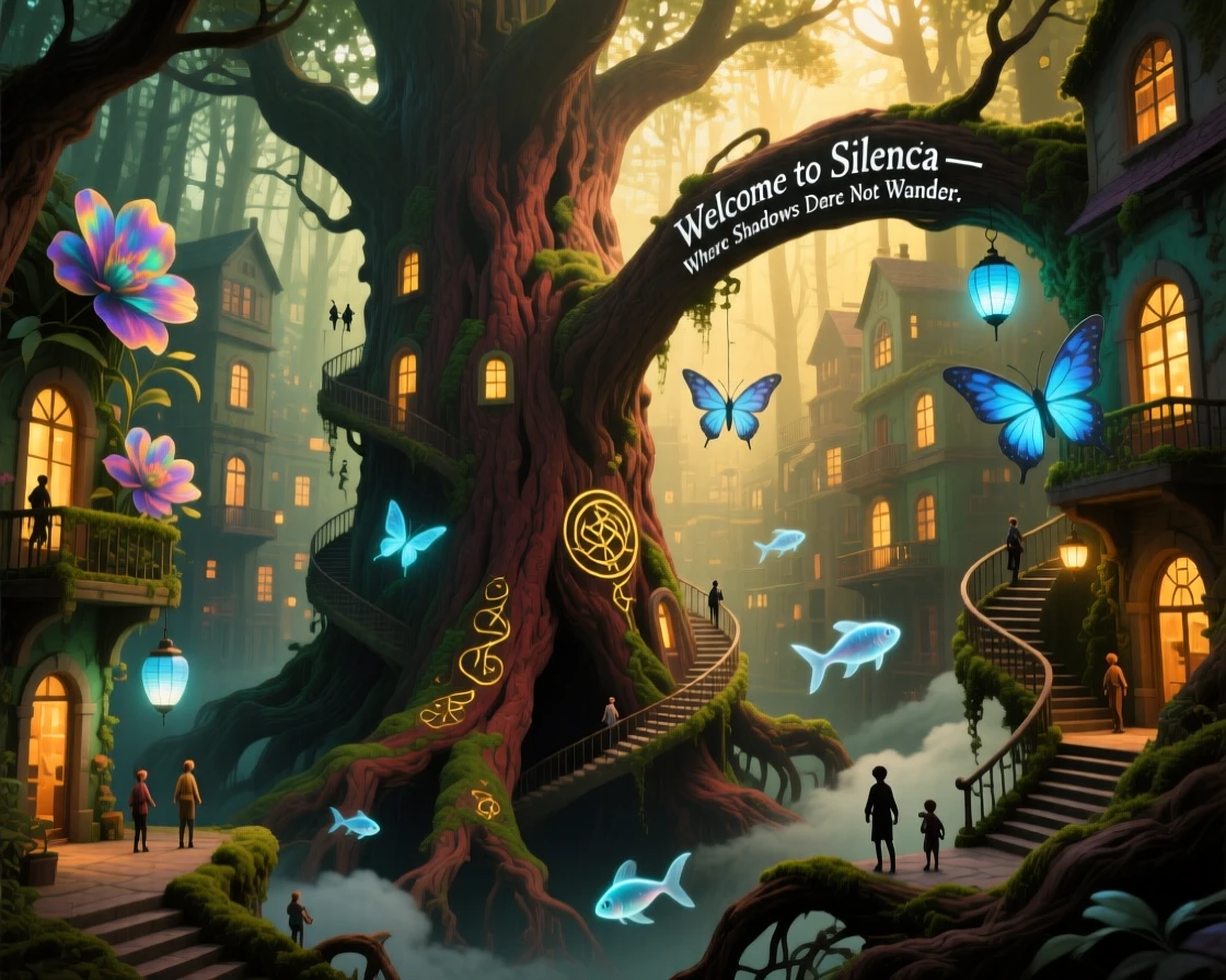 A city built inside the hollow of a giant tree trunk casts no shadow despite the low afternoon sun, while tiny figures walk along its impossible edges.