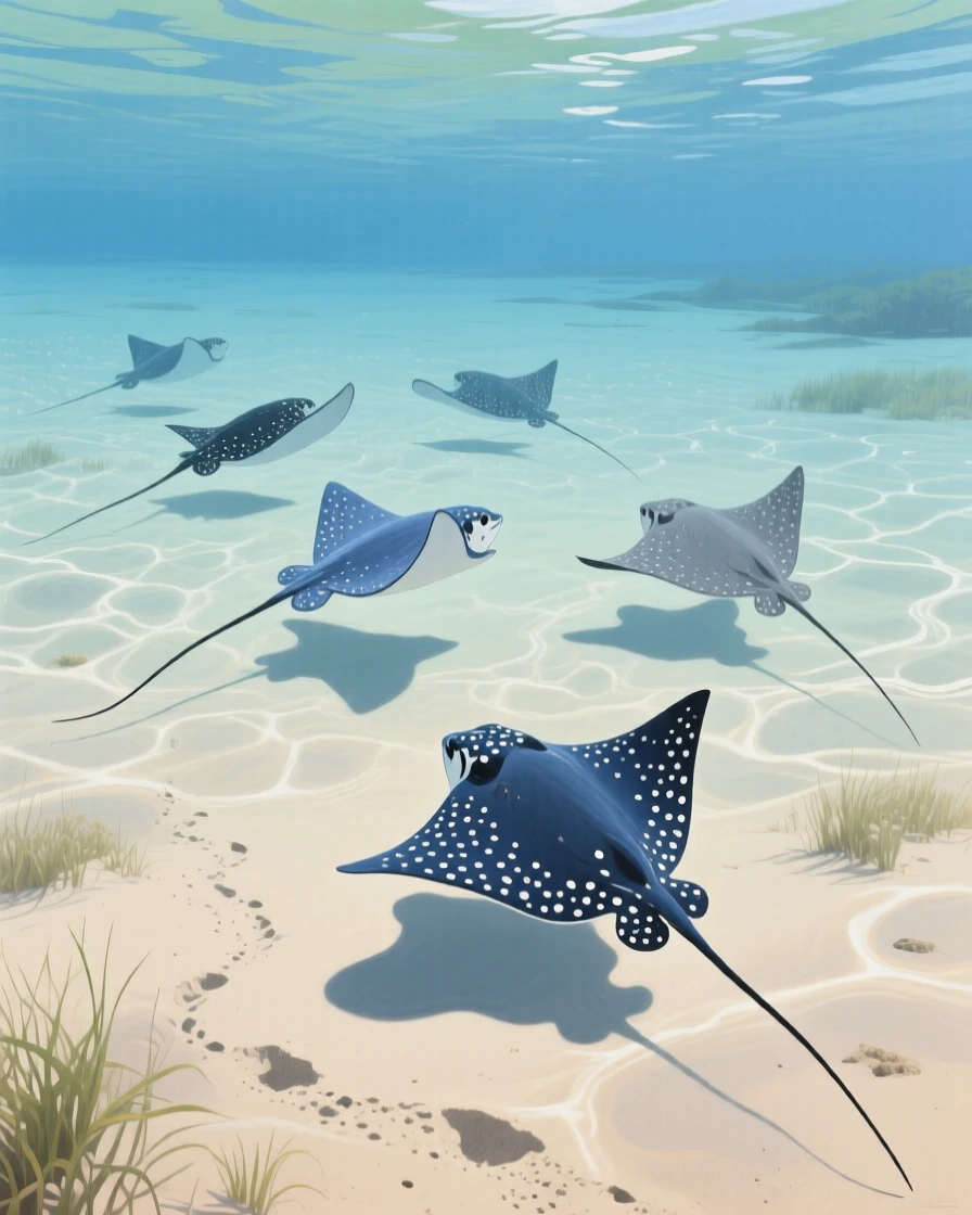 A group of spotted eagle rays glides in formation over a sandy lagoon floor, their shadows rippling across the pale seabed below, small environmental cues, like tracks or disturbed grass, hinting at its recent movement.
