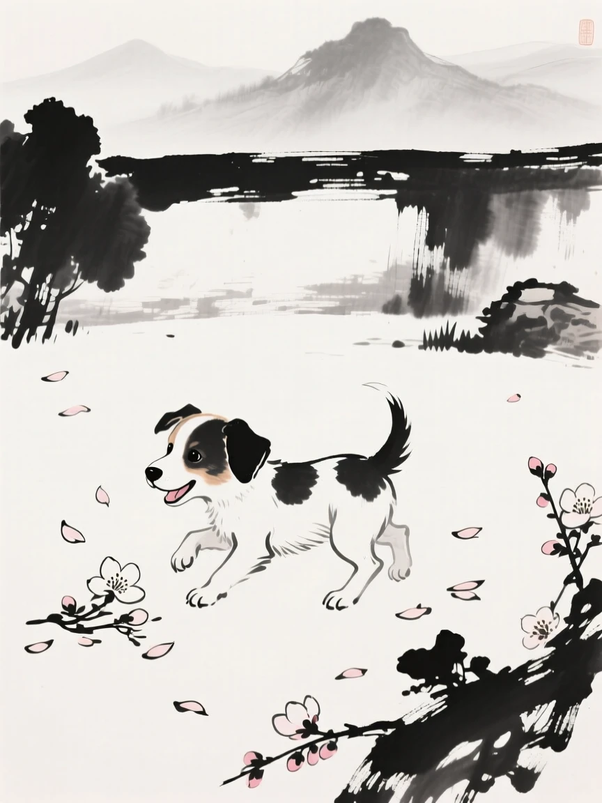 A puppy plays among fallen blossoms in a garden, with mountains visible faintly beyond the garden wall.