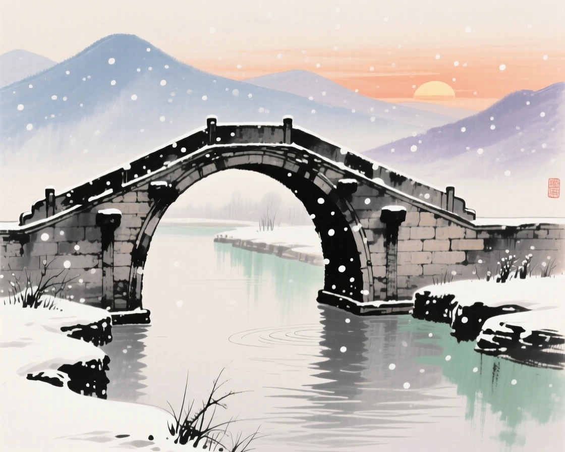 An ancient stone bridge arching gracefully over a quiet canal, beneath softly falling snow, conveying a deep sense of harmony with nature, as the sun sets behind distant peaks.