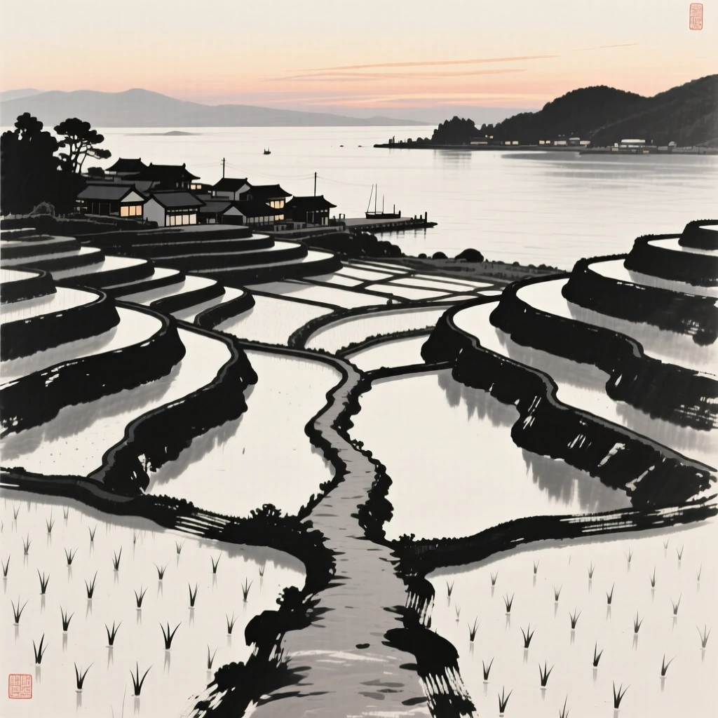 A terraced rice paddy village overlooking a calm harbor at dusk, framed symmetrically along a central path, carrying a sense of sacred stillness.