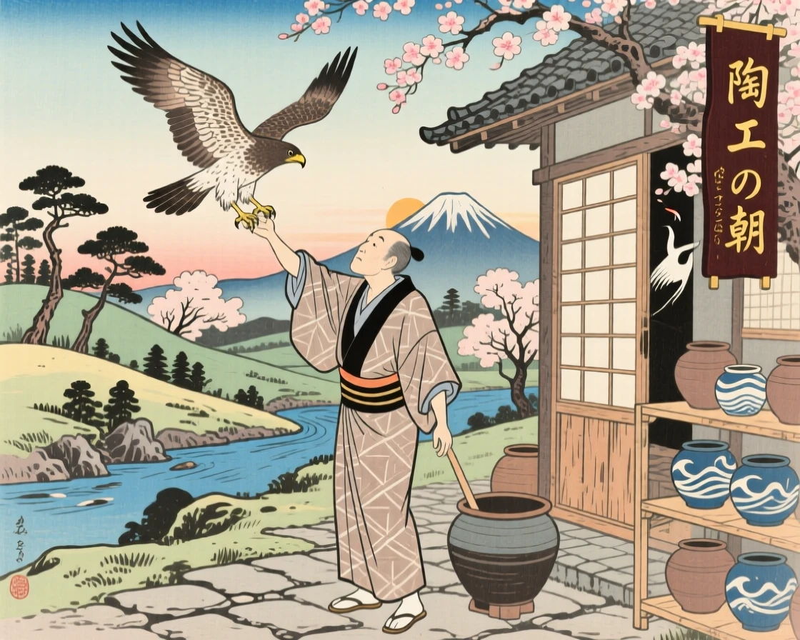 A potter releasing a hawk into the morning sky.