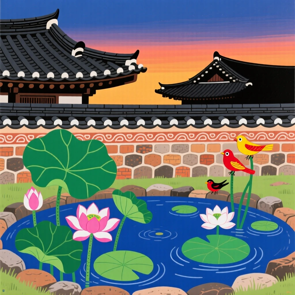 A walled garden with a lotus pond as the last light of day fades over the rooftops.