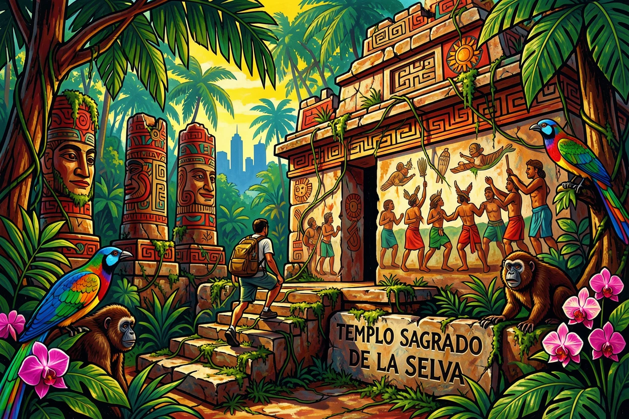 A traveler exploring a hidden temple ruin in the jungle