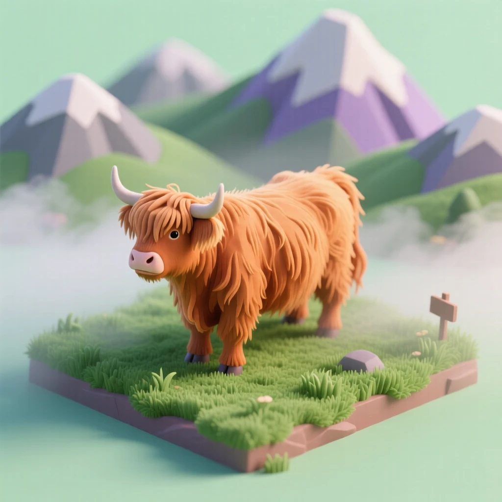 A fluffy Highland cow standing in a misty green pasture, its shaggy orange coat blowing in the breeze, with mountains rising behind.