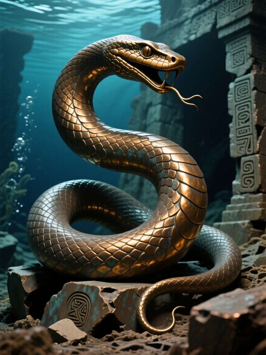 A serpent of the deep coiling around a sunken ruin, with an aura of ancient power, radiating awe and grandeur