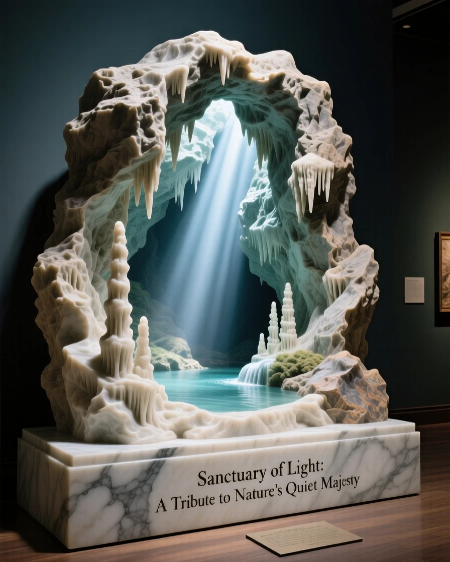 A breathtaking view of a hidden cave illuminated by shafts of light, rich with color and atmosphere, evoking peace and wonder
