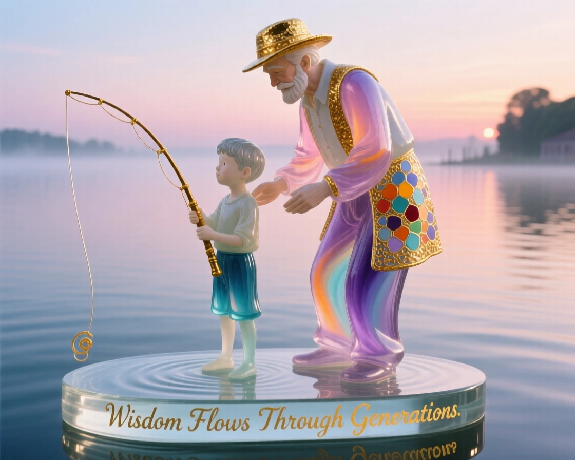 A grandfather teaching his grandson to fish at dawn on a quiet lake, tender and generational.