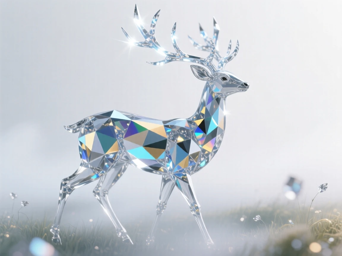 A celestial deer with antlers of light walking through a misty enchanted meadow.