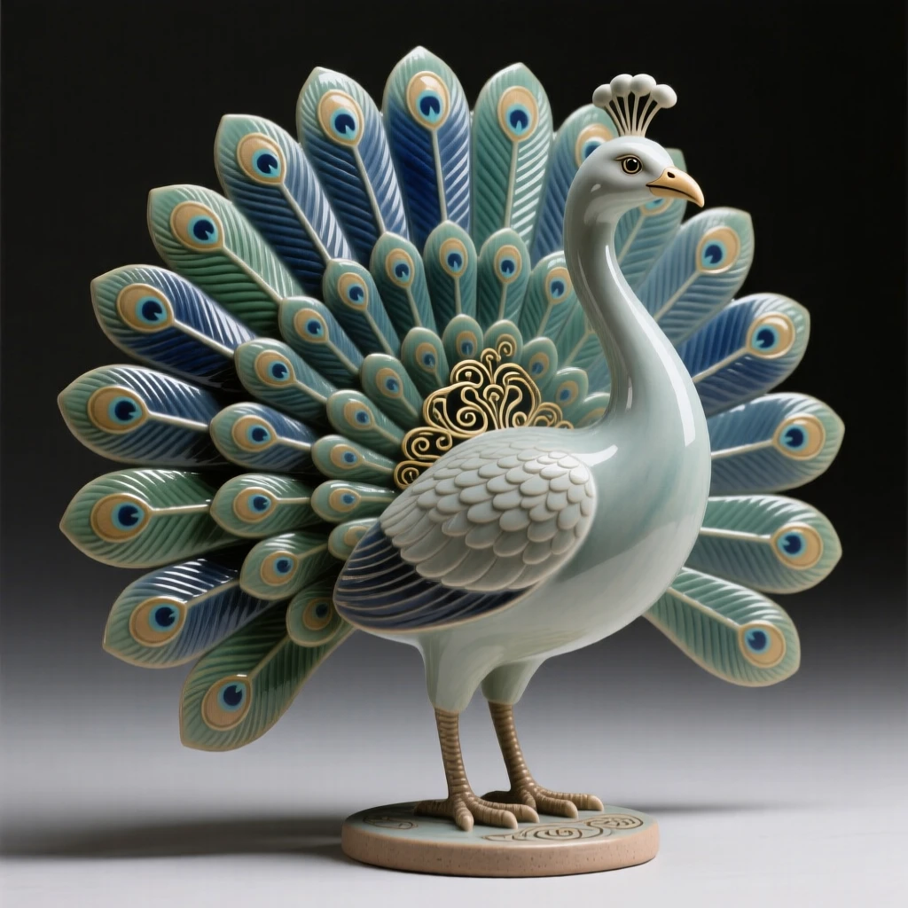 A stylized peacock with an elaborately fanned tail captured in a graceful, polished stance, accented with subtle, tasteful ornamentation, conveying calm, tasteful sophistication.