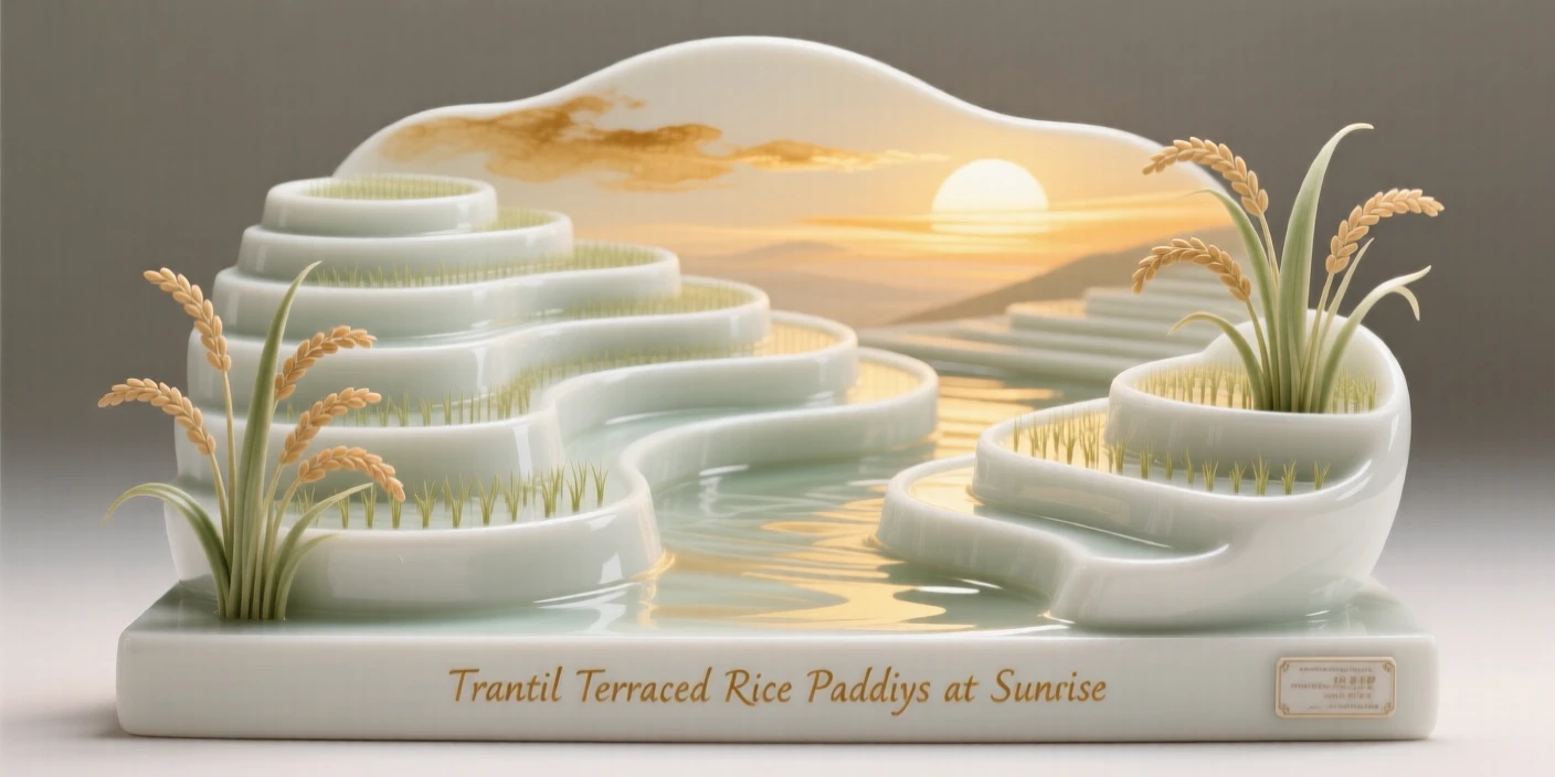 A tranquil terraced rice paddies at sunrise, bathed in warm golden light.