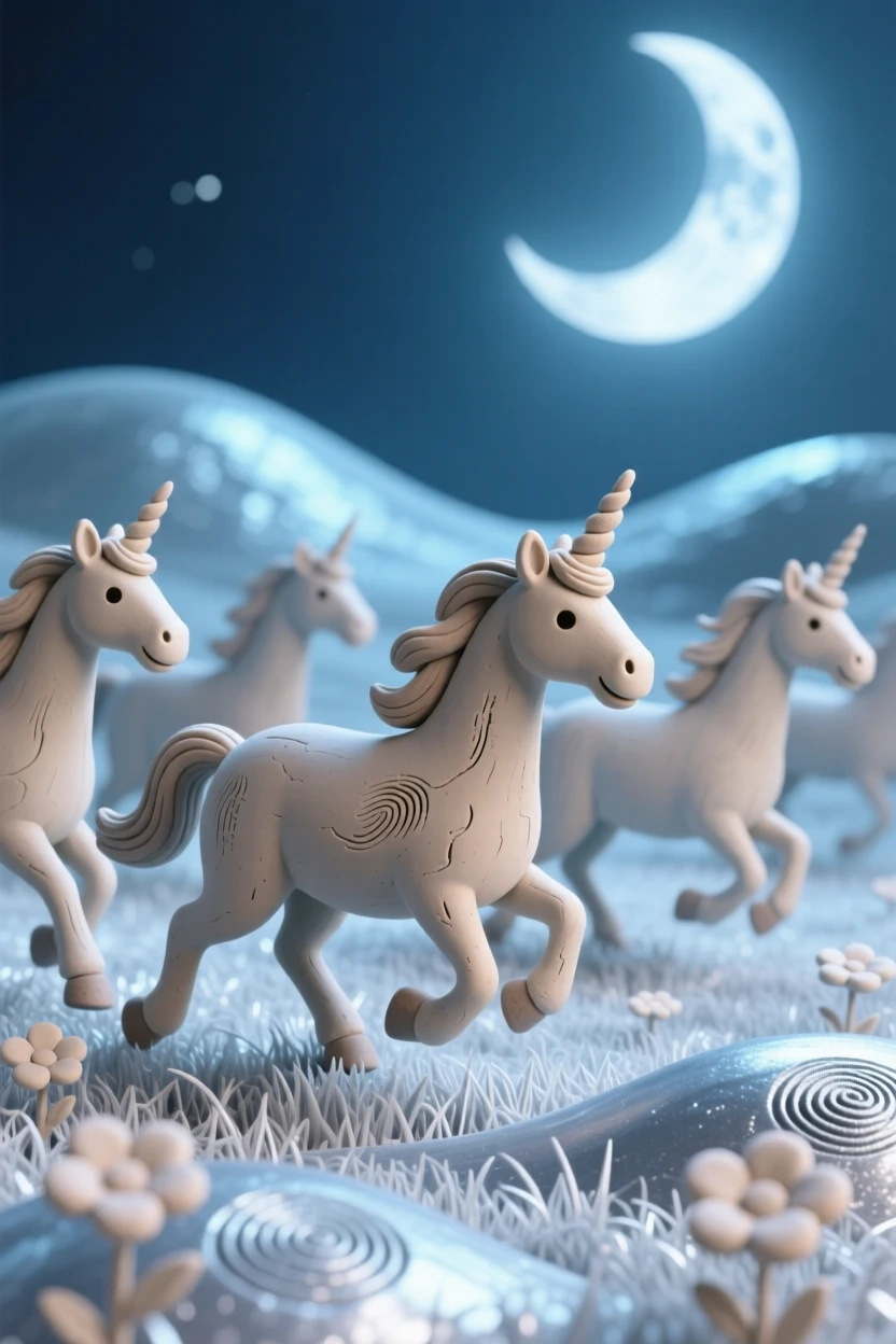 A moonlit unicorn herd galloping across a silver meadow