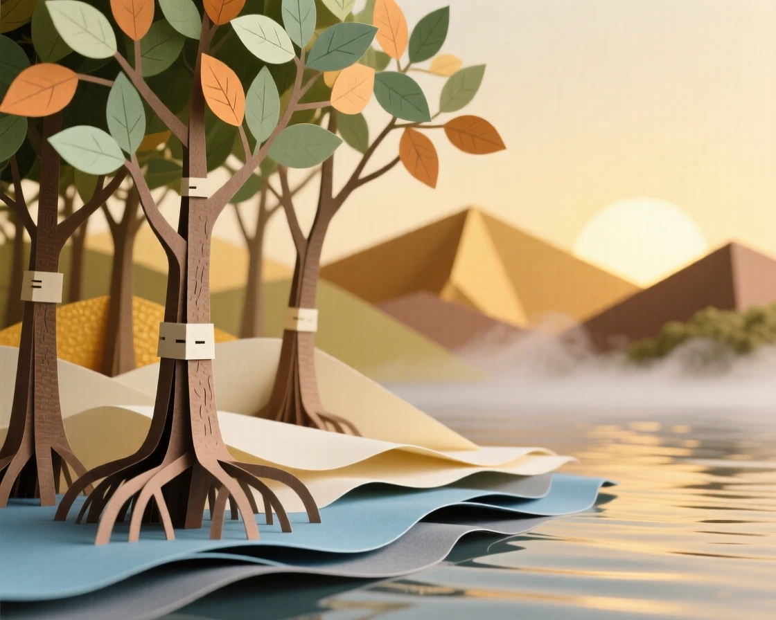 A mangrove forest along a quiet estuary at golden sunrise, with mist curling low across the water, evoking peaceful solitude and timeless beauty.