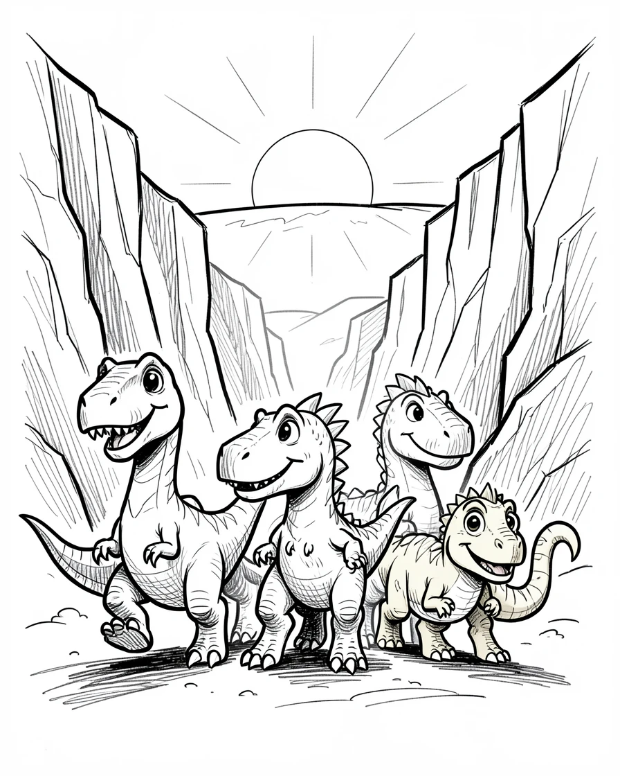 A dinosaur family walking together in a canyon at sunrise.