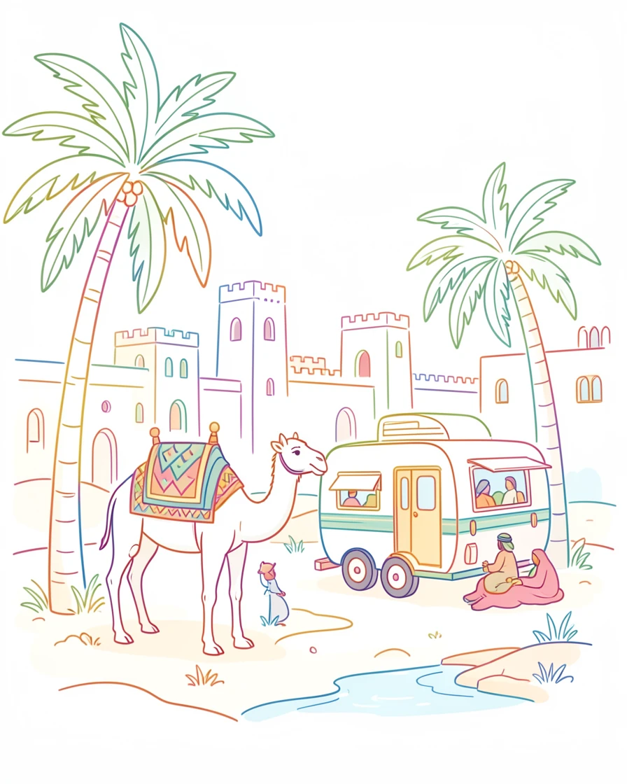 A desert caravan resting beside palm trees at a Middle Eastern oasis town.