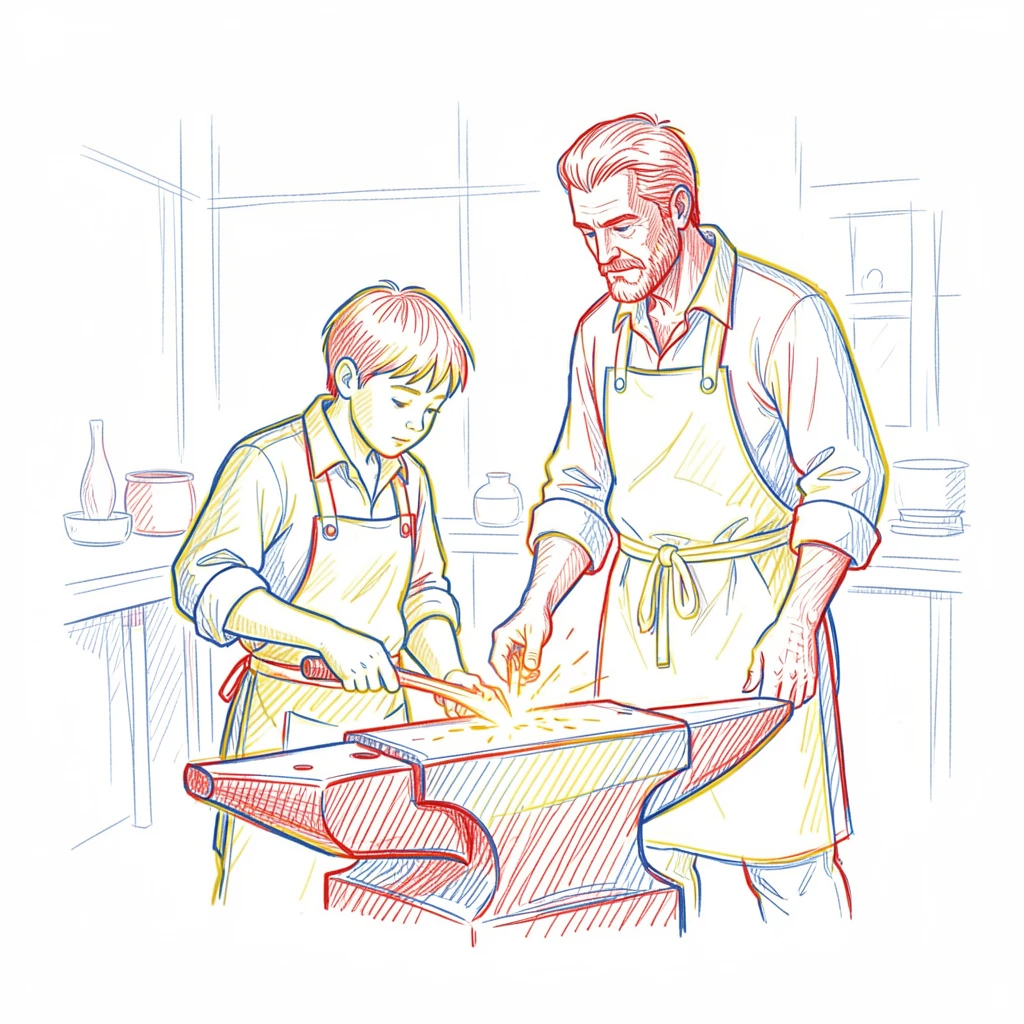 A blacksmith apprentice learning to shape iron under a mentor's watch