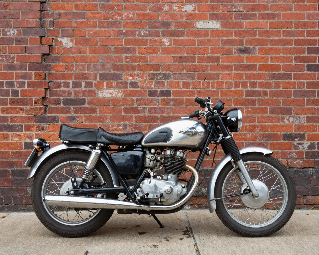 A vintage motorcycle parked against a brick wall