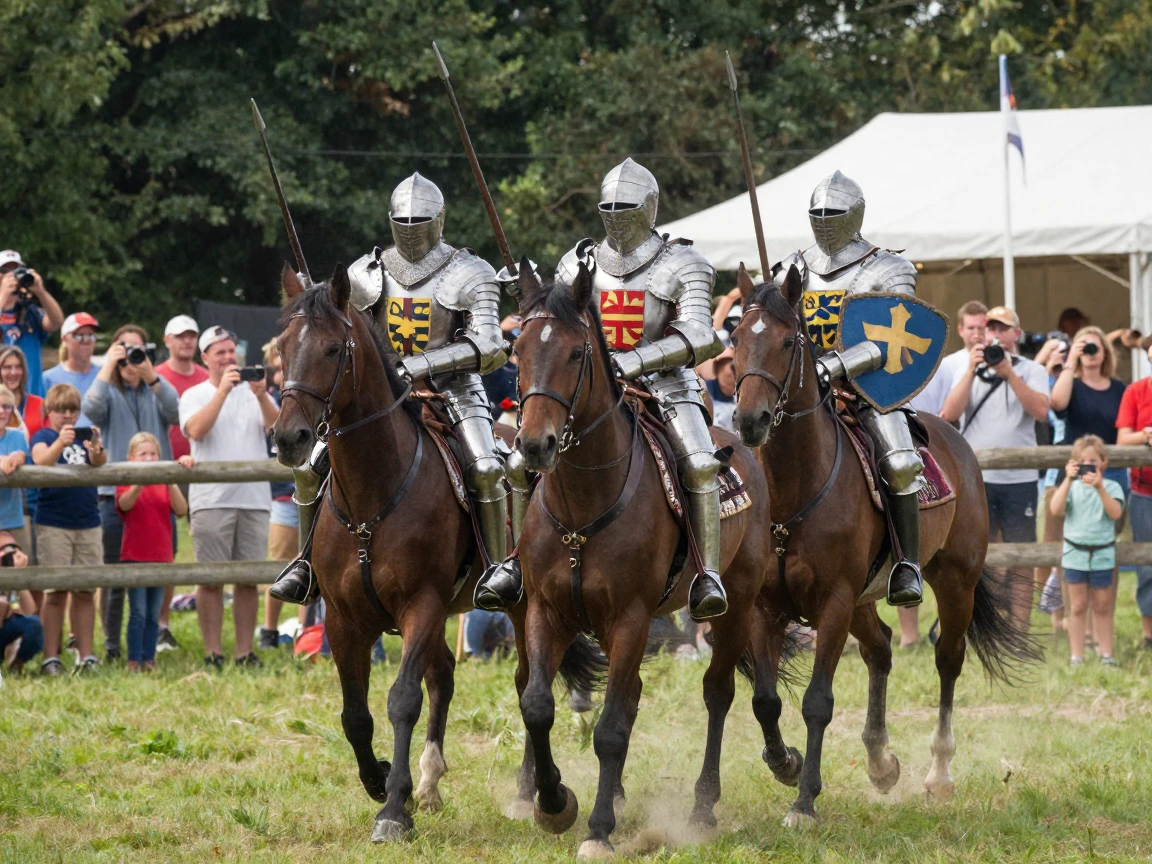A group of knights lower their lances in unison at the start of a joust.
