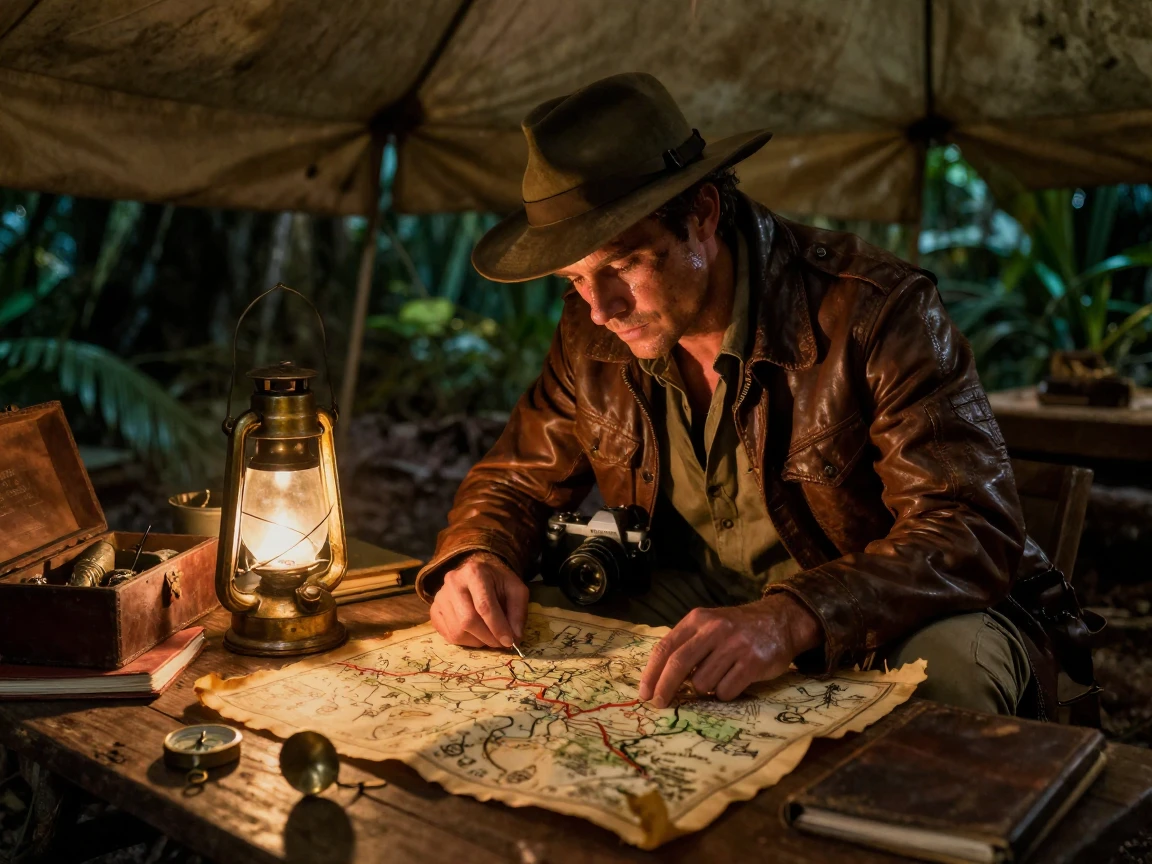 An explorer studying an ancient map by lantern light inside a jungle tent