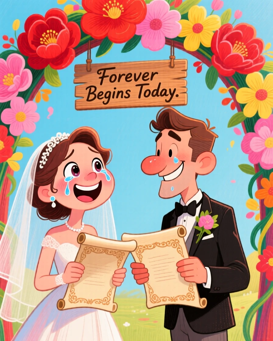 A couple exchanging vows under a flower arch, both holding back happy tears.