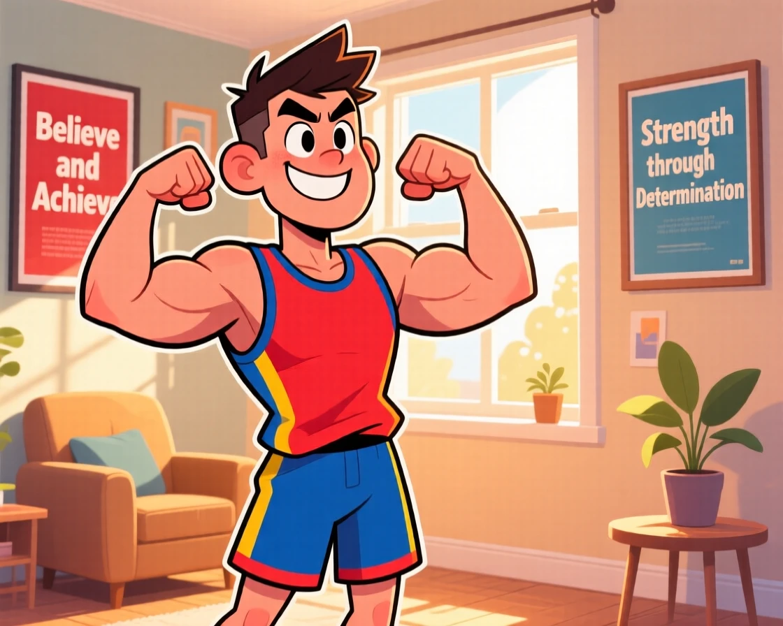 A charming portrait of a determined athlete, puffing out their chest with pride, against a backdrop of a cozy sunlit room.