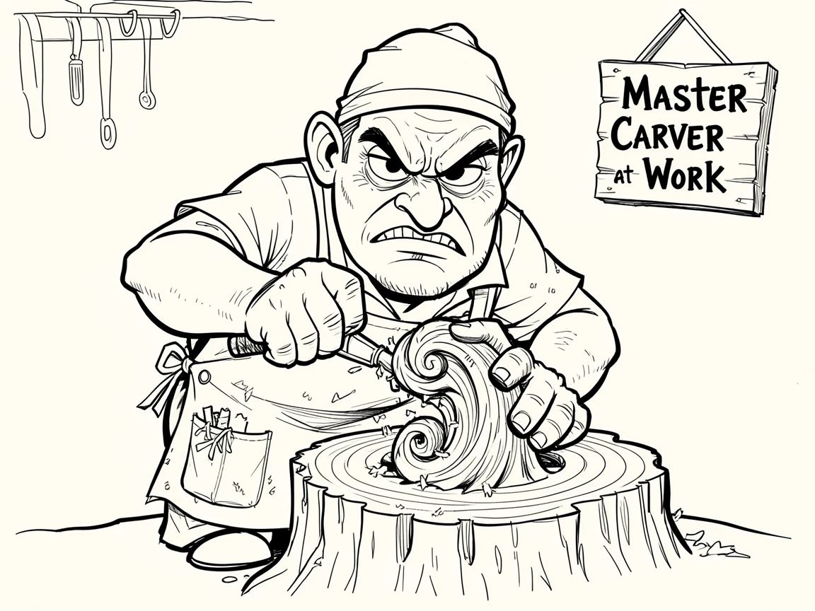 [Occupations & Hobbies] Detailed scene of a dedicated woodworker carving an intricate sculpture from a tree stump, showcasing skill and dedication