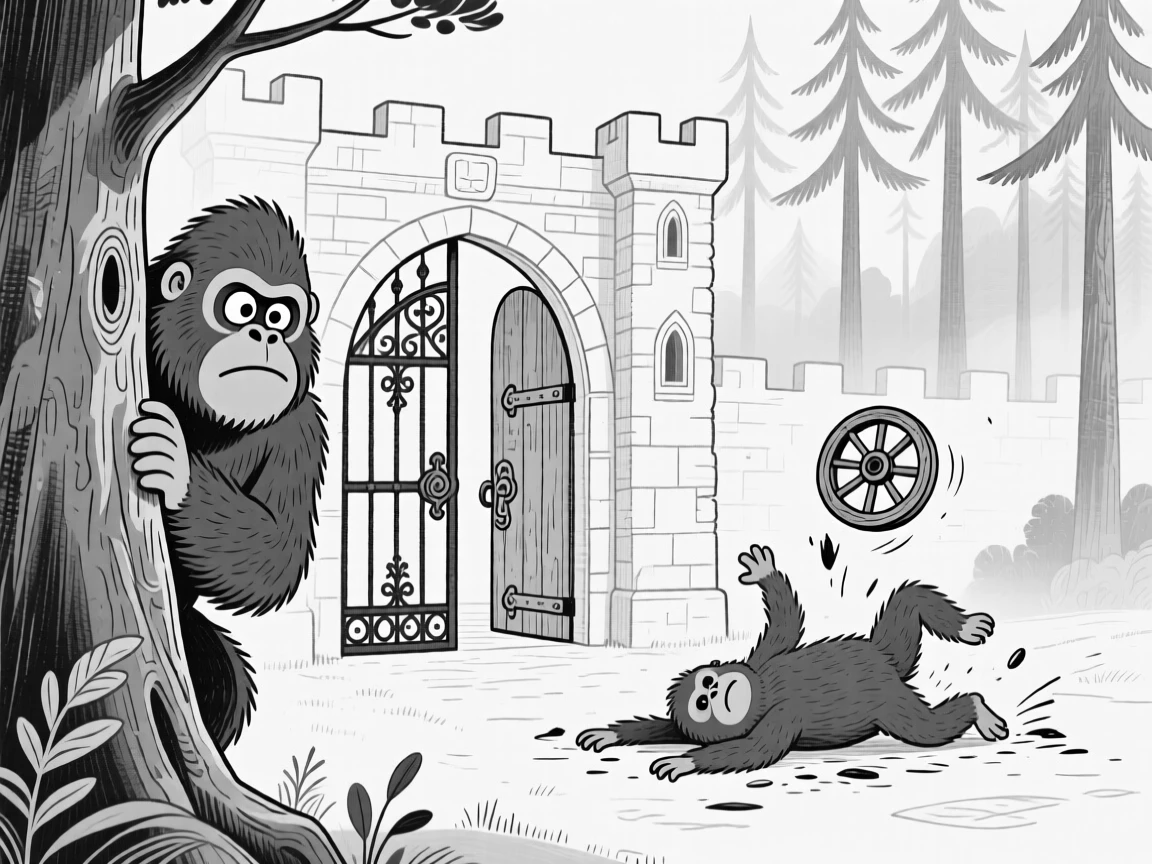 A shy Bigfoot peeking nervously from behind a tree, faceplanting dramatically in front of the castle gate, set at the edge of a dense, misty pine forest. A tiny cart wheel spins uselessly in the air. It feels like a page pulled from a beloved fairy tale.