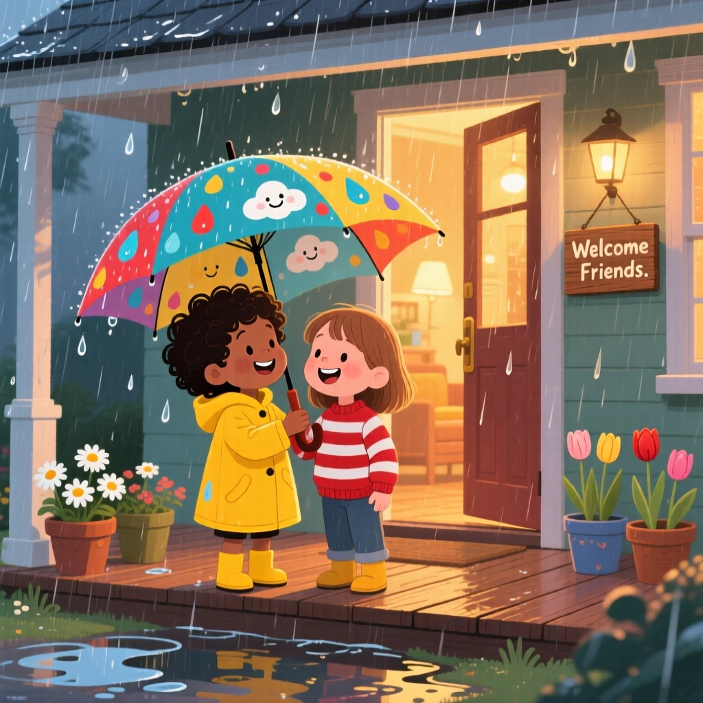 In a cozy front porch, two children from different backgrounds bond over sharing an umbrella during a sudden rainstorm, while a warm glow of evening light surrounds them.