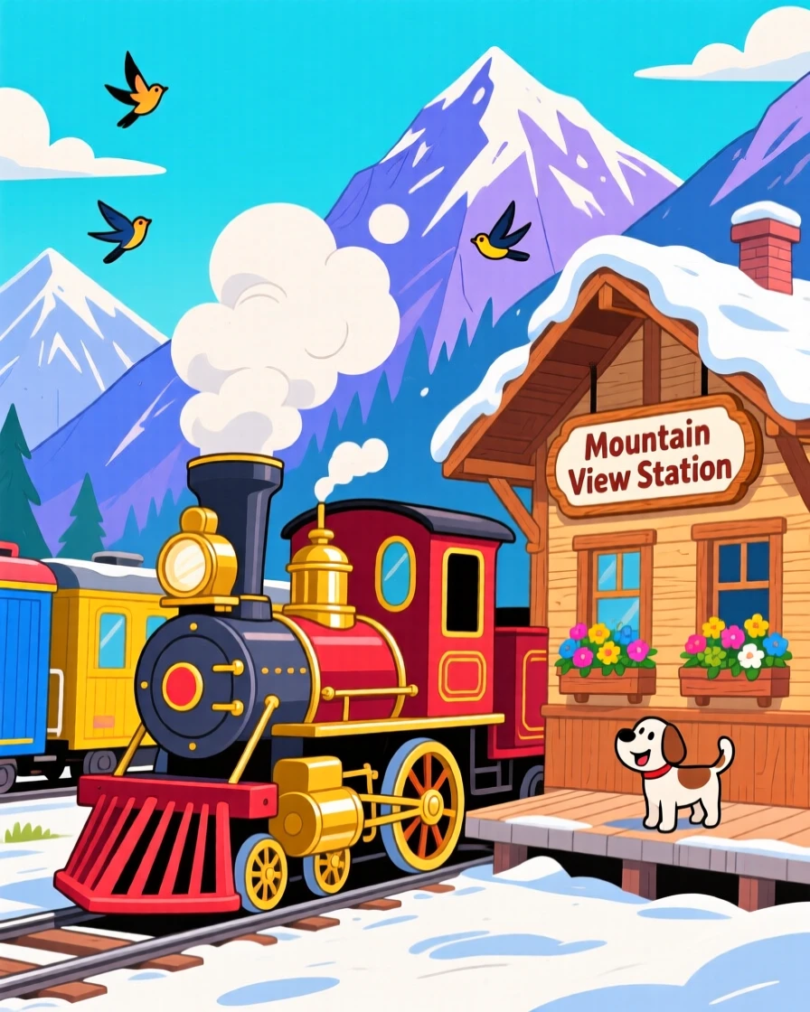 A vintage train pulling into a station in the mountains.