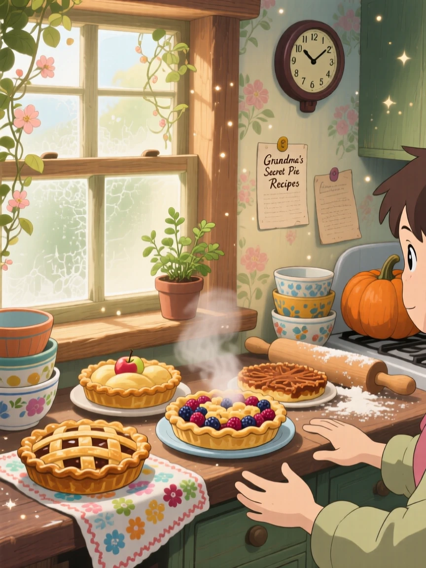 A warm, inviting scene of a windowsill lined with cooling pies, surrounded by the comforting clutter of a well-loved kitchen.