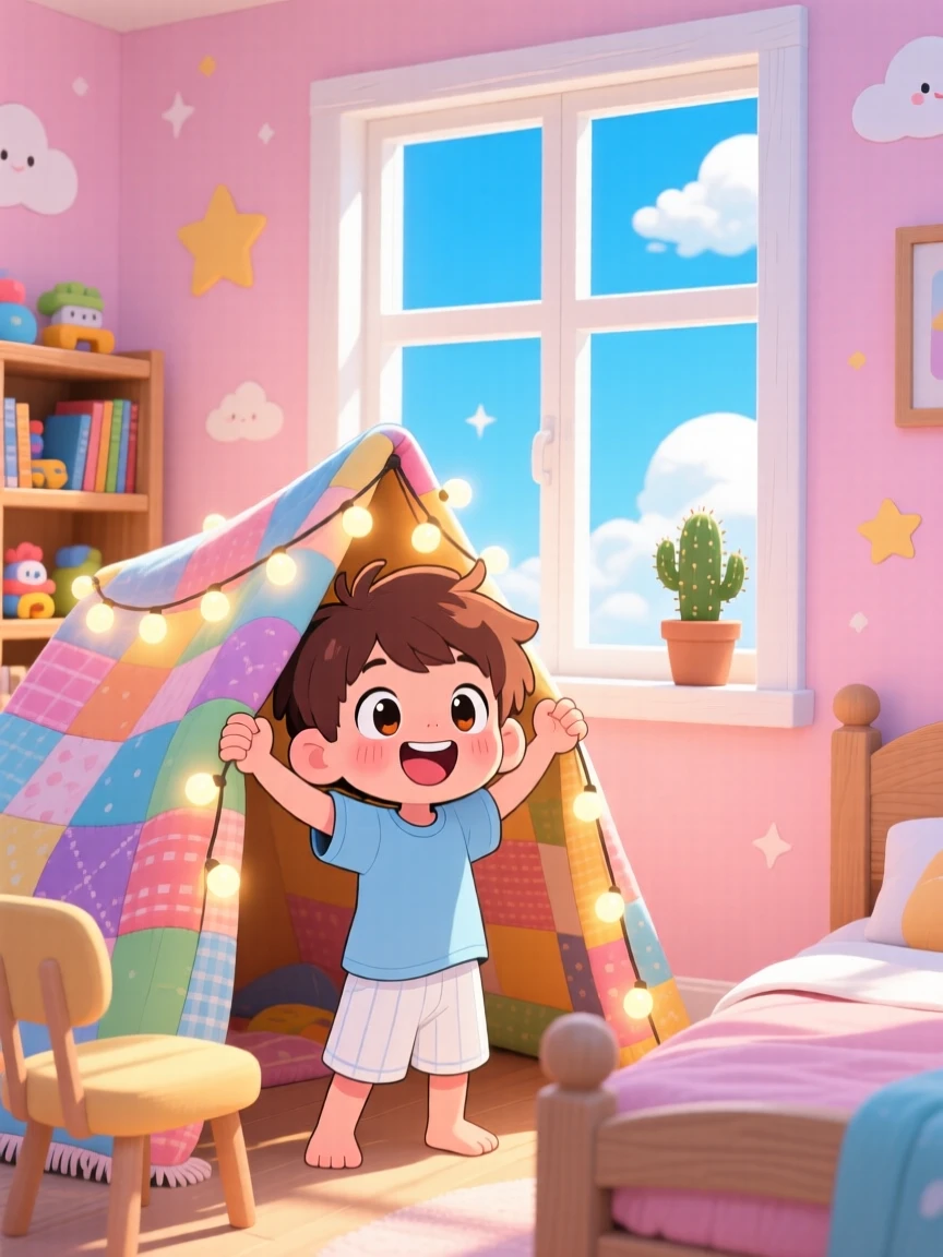 In a cozy bedroom, a small boy is building a blanket fort with fairy lights under a clear summer sky, bathed in bright midday sun, expression full of delighted joy. Shot as a framed through a window.