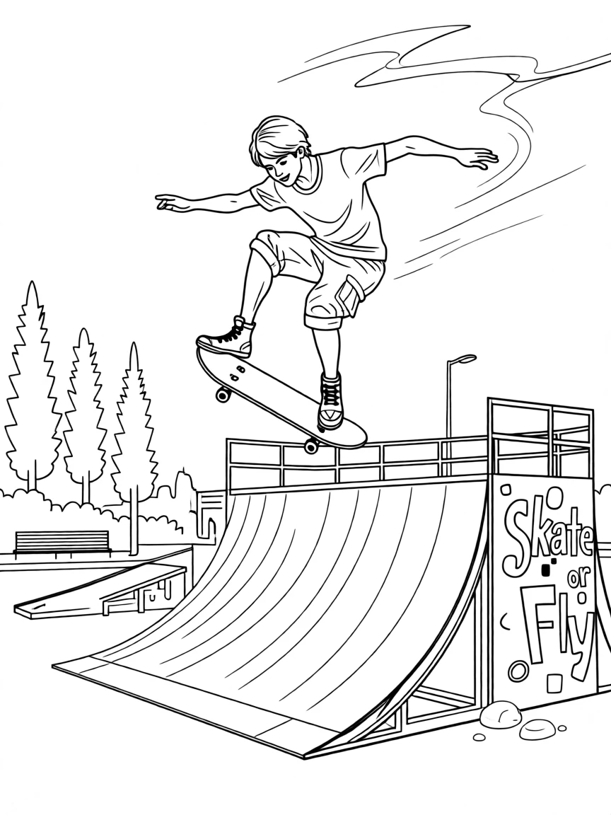 A skateboarder launching off a ramp mid-trick, with dramatic lighting highlighting the action.