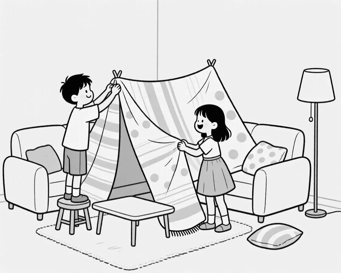 Siblings building a blanket fort in the living room