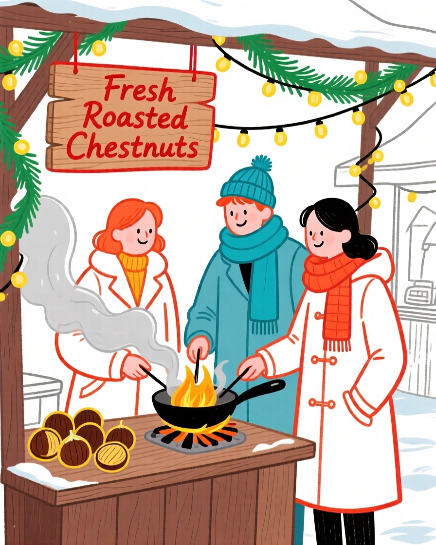 A group of friends roasting chestnuts at a winter market.