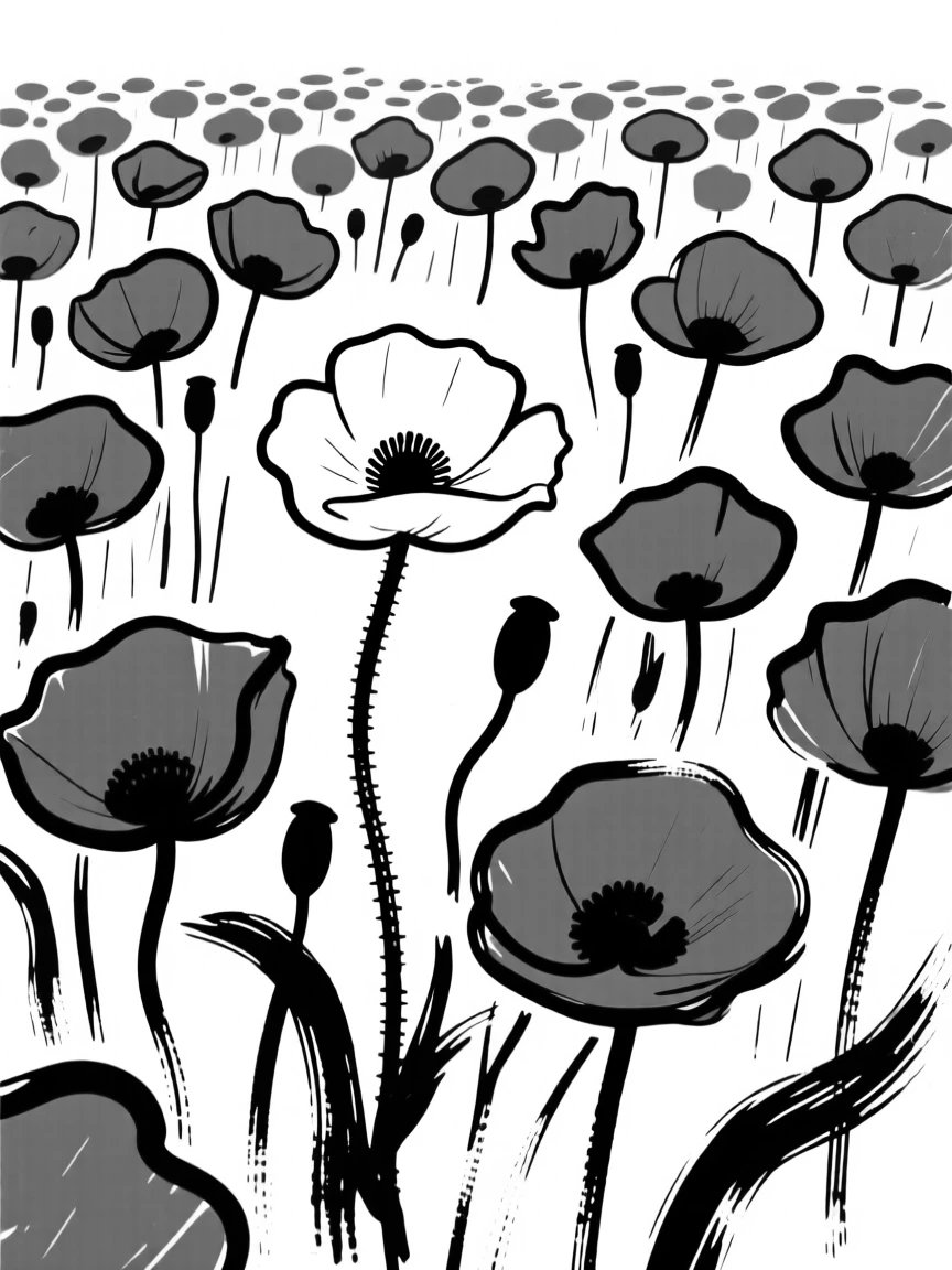 A field of red poppies with a single white one standing out among them.