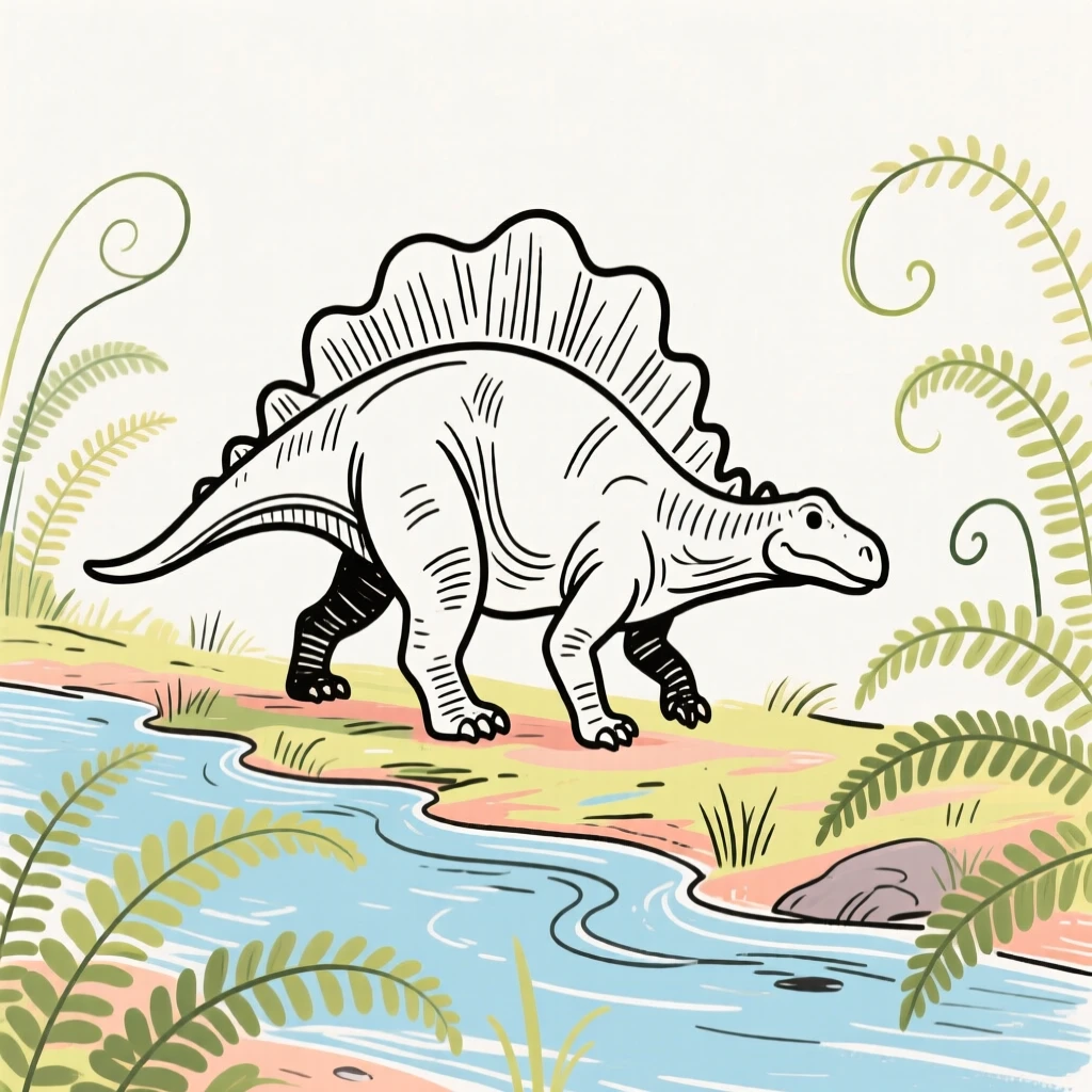 A Stegosaurus walking along a riverbank lined with ferns.