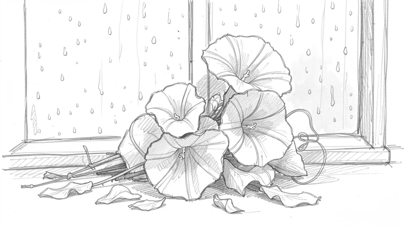 A close-up still life of a bundle of morning glories against a rain-speckled window, surrounded by scattered petals.