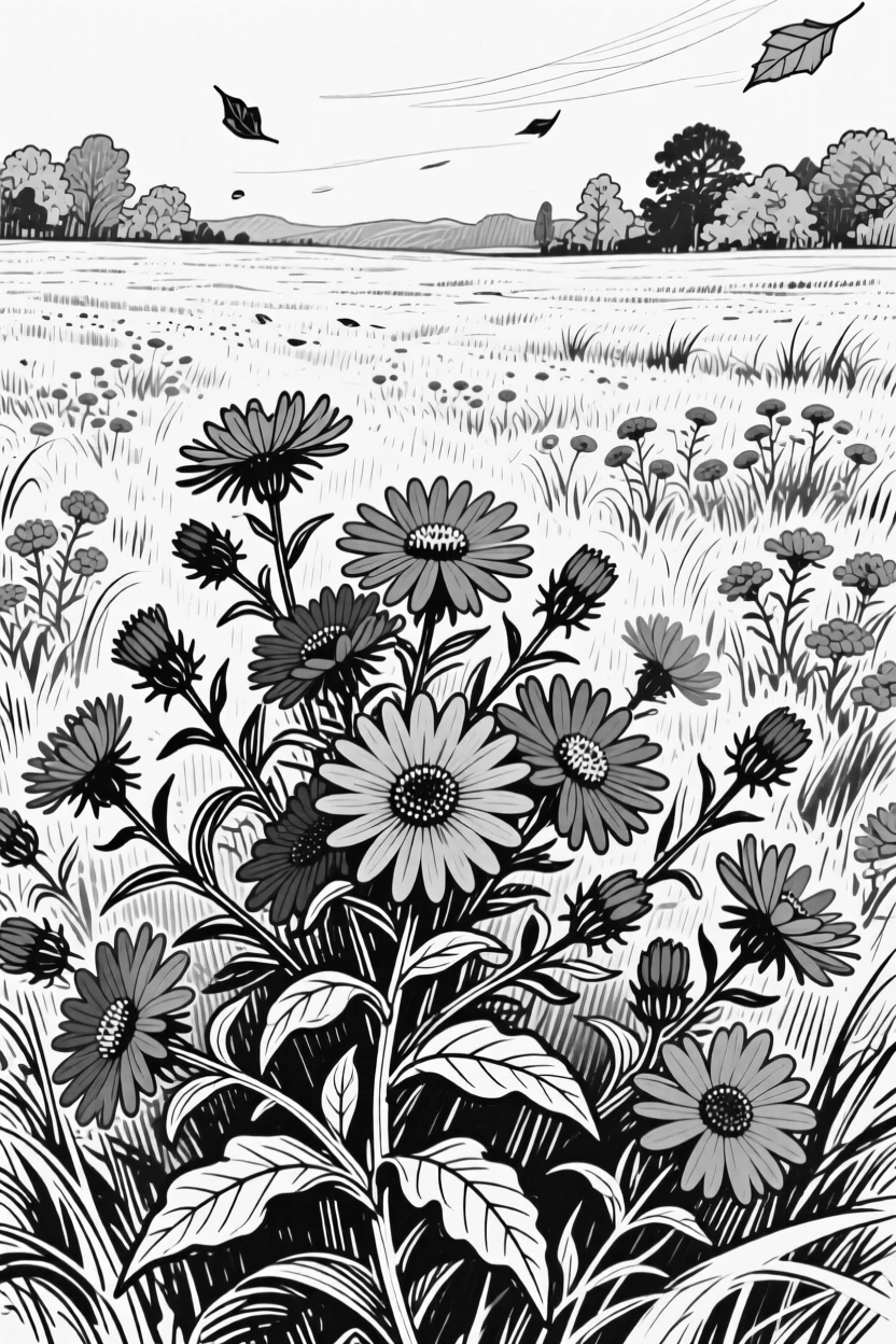 A field of asters blooming in shades of purple during early autumn.