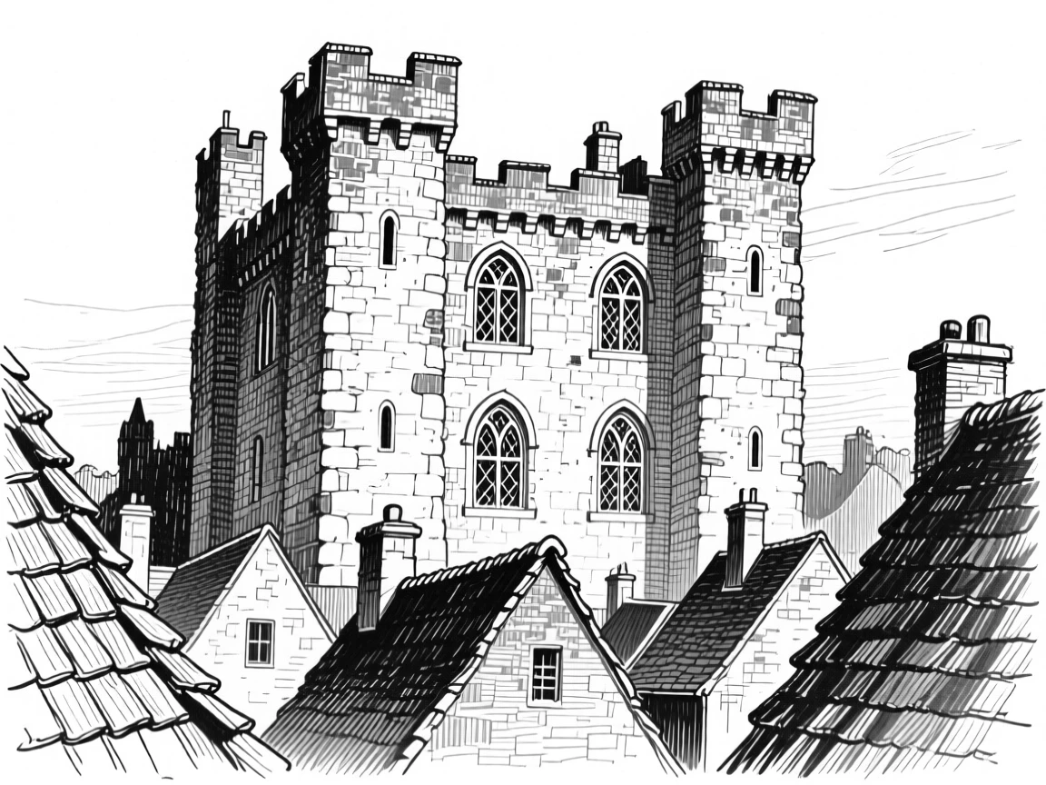An ancient stone castle framed by surrounding rooftops, featuring arched windows catching the light, rendered in an elegant and serene architectural composition.